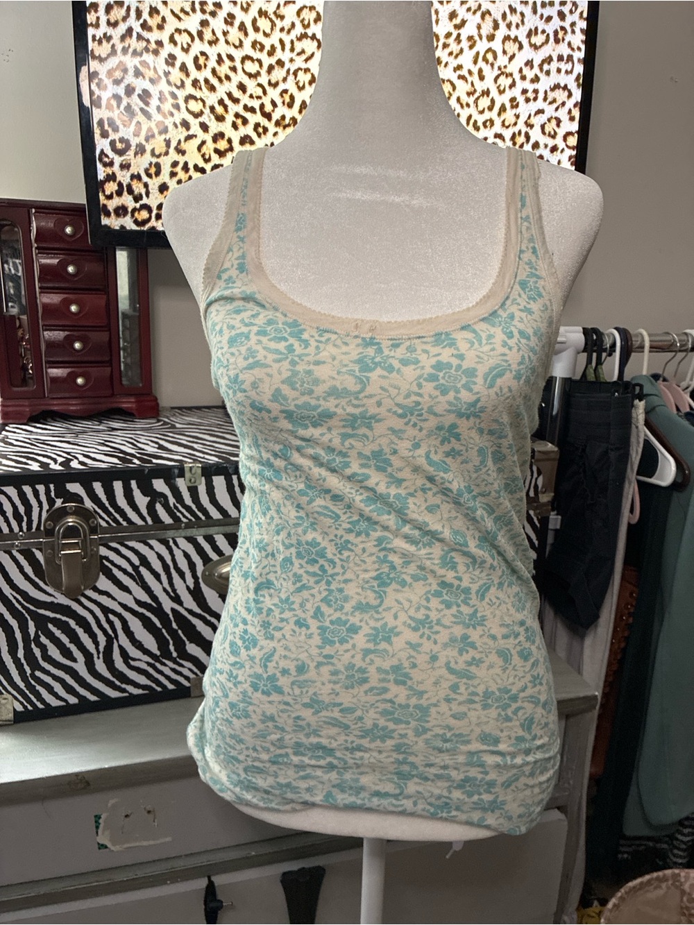 American Eagle Outfitters Cream Tank with Light Blue Floral Print